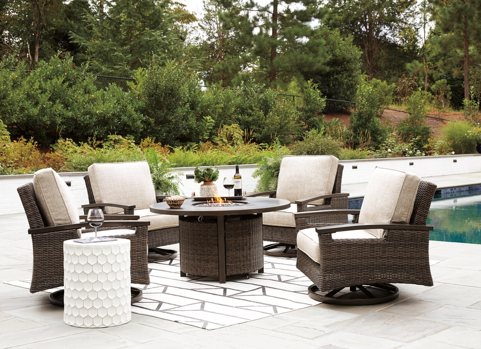 Paradise Trail Paradise Trail Fire Pit Table with 4 Nuvella Swivel Lounge Chairs - Aumand's Furniture (North Walpole, NH)